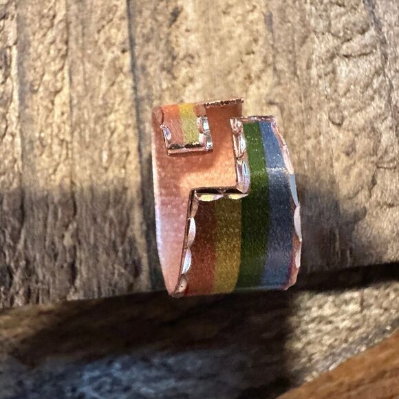 Handmade Boho Copper Wide Cuff Ring, Diamond Cut Rainbow Pride Design, Gift Box - Picture 5 of 7